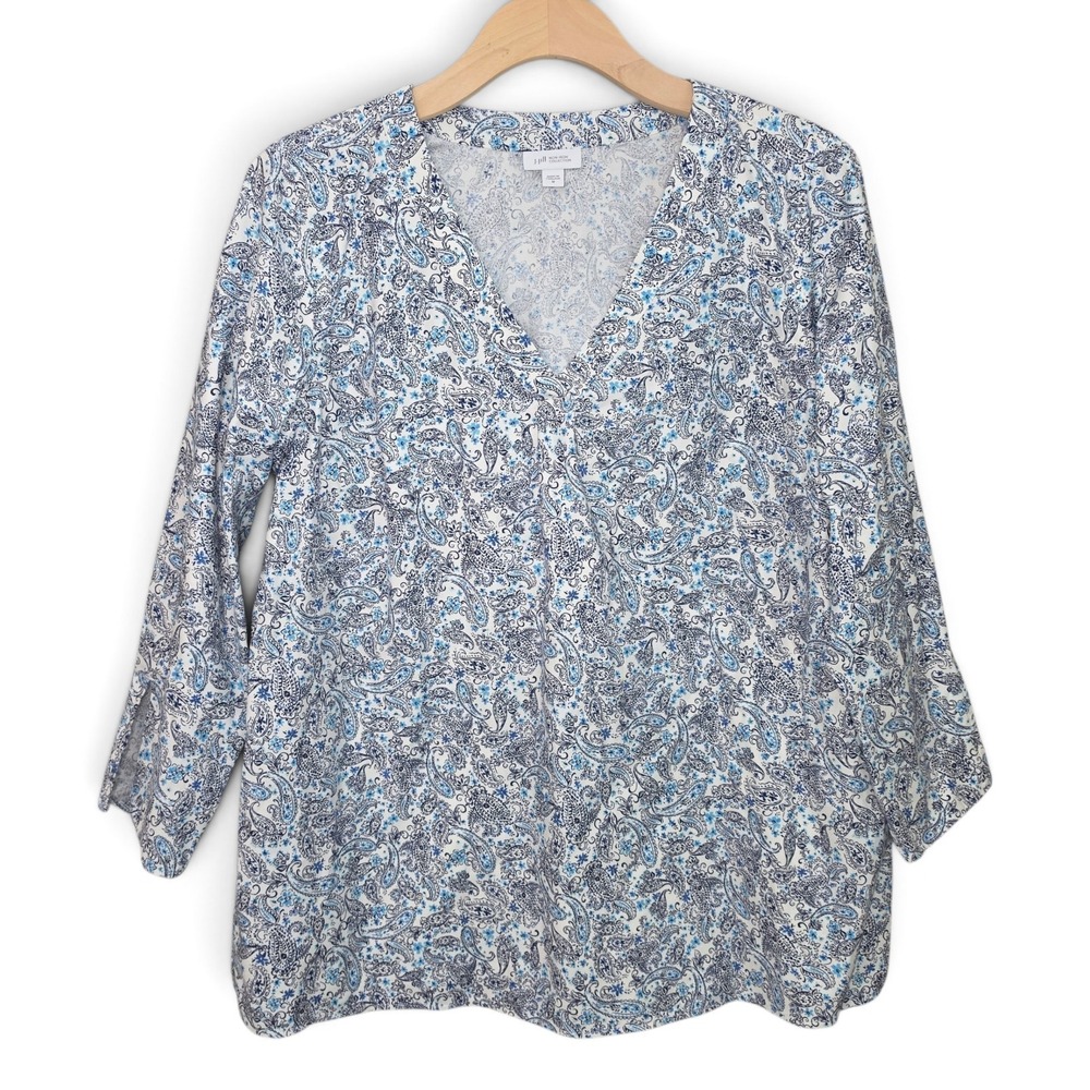 J Jill Top Womens Medium Non Iron Paisley Floral V Neck 3/4 Sleeve Blouse Blue M